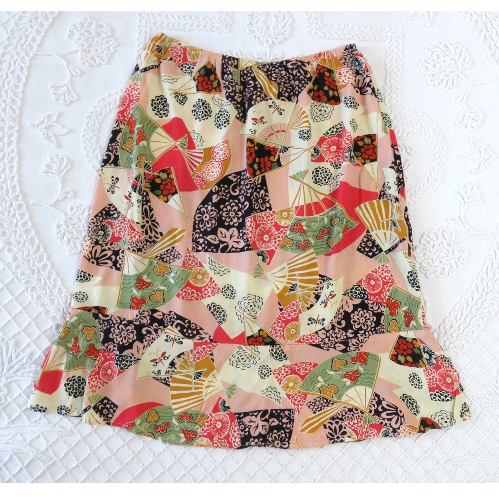 Vintage 90s Zoe California XS Fan Floral Print Rayon Crepe Patchwork Style Skirt